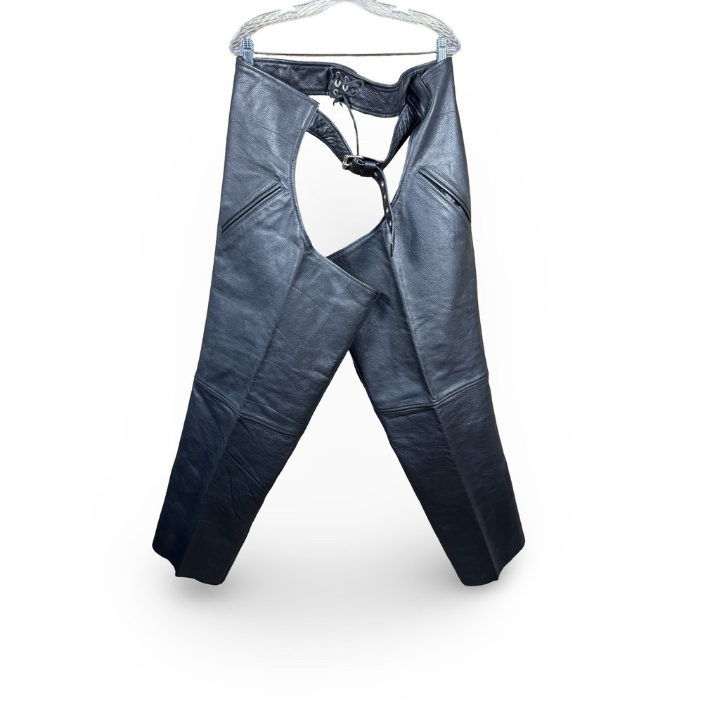 FMC First Manufacturing Co Black Leather Motorcycle Chaps Men's Size 5X 5XL - Picture 2 of 13